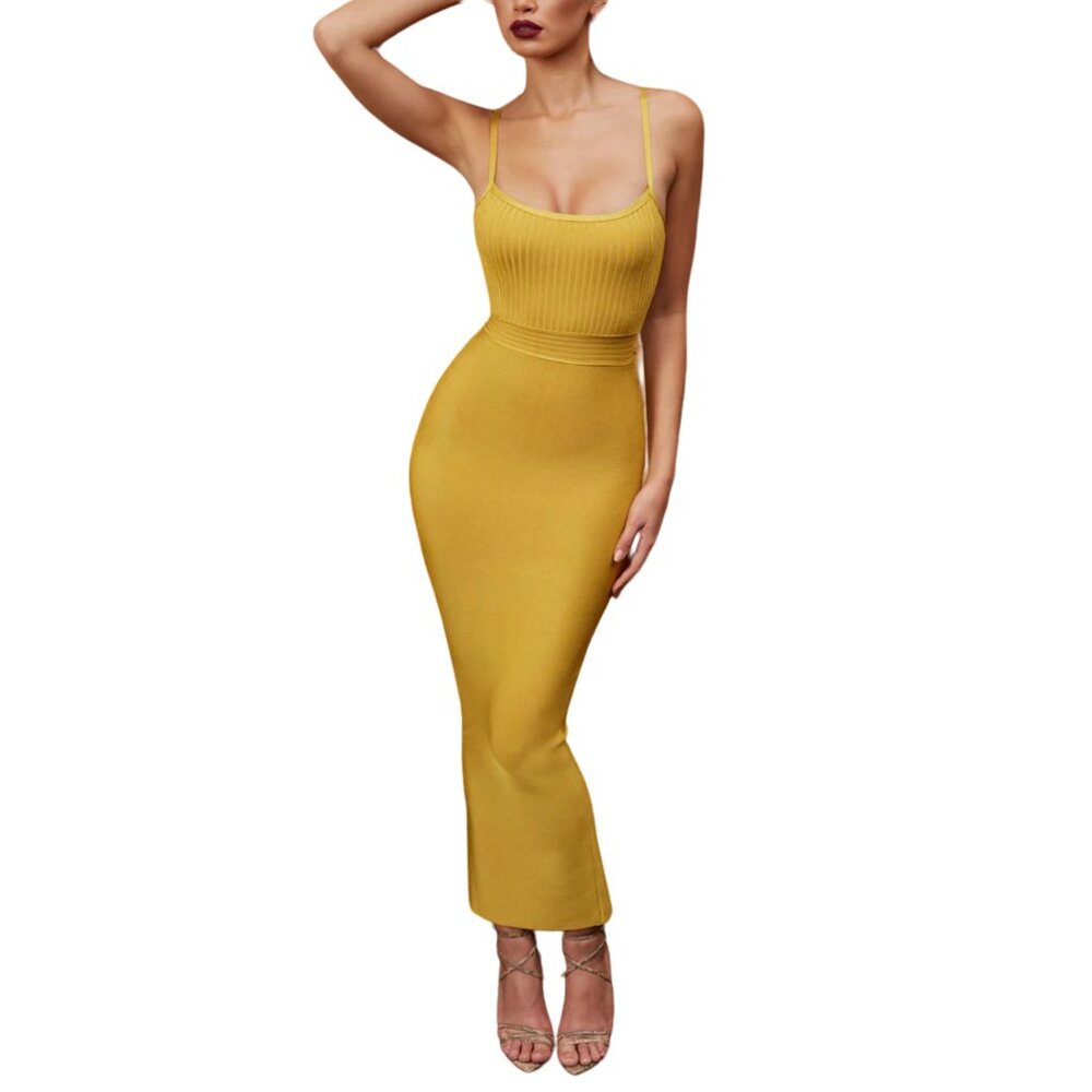 Golden Tone Maxi Bandage Dress – Ribbed Bodice  Spaghetti Straps  Sculpted Fit - Picture 5 of 9